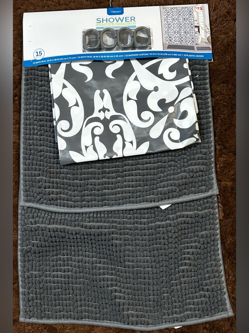 NEW Interior Designs Gray 15 piece shower curtain and accent rugs